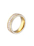 14K gold-plated ring with dual rows of clear baguette and round zirconia stones on cream background.
