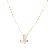 Gold-plated butterfly pendant with iridescent mother of pearl inlay on delicate chain against cream background.