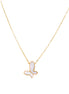 Gold-plated butterfly pendant with iridescent mother of pearl inlay on delicate chain against cream background.