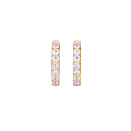 Gold pavé hoop earrings with two freshwater pearls nestled inside the curved design, featuring crystal-studded outer edge.