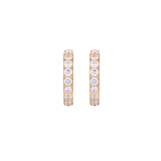Gold pavé hoop earrings with two freshwater pearls nestled inside the curved design, featuring crystal-studded outer edge.