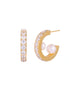 Gold pavé hoop earrings with two freshwater pearls nestled inside the curved design, featuring crystal-studded outer edge.